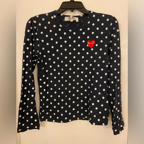 Comme Des Garcons PLAY Polka Dot Long Sleeve Tee White & Navy Size Small - Picture 2 of 9